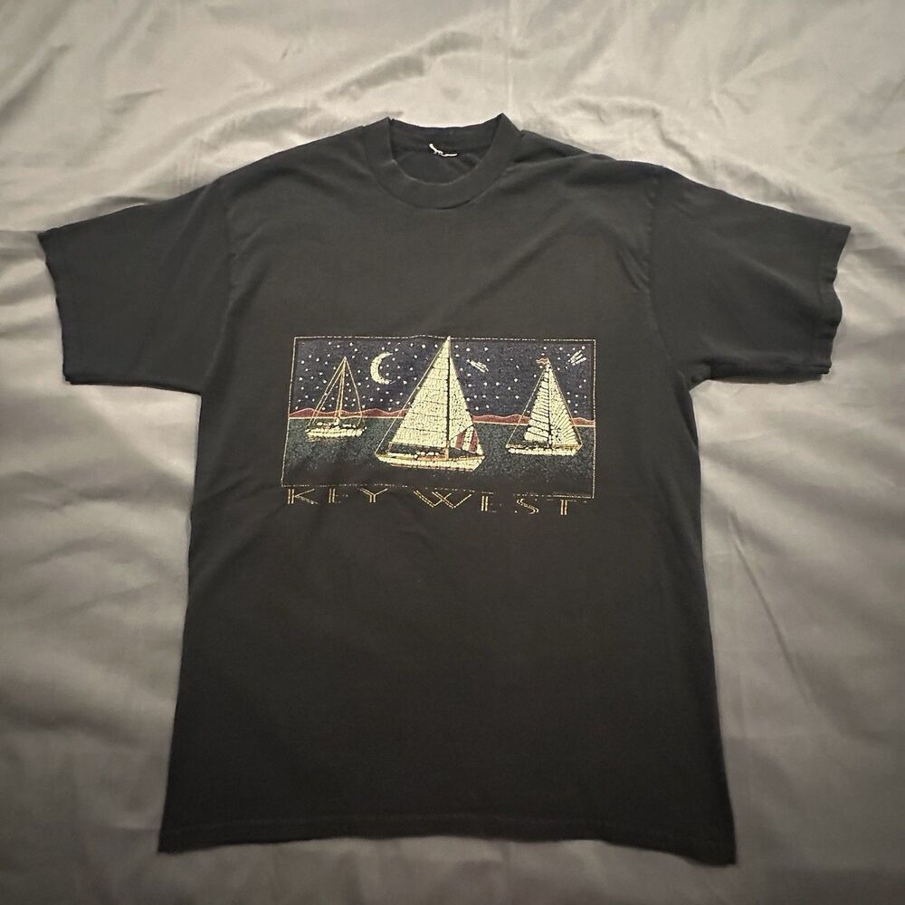 Vintage 90s Fruit Of The Loom Key West T-Shirt Mens Large USA Black Sailboat